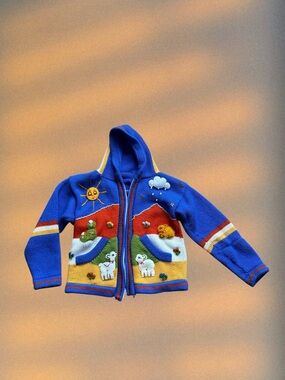 Blue Kids Hooded Zip Sweater with Sunny Farm Appliqués